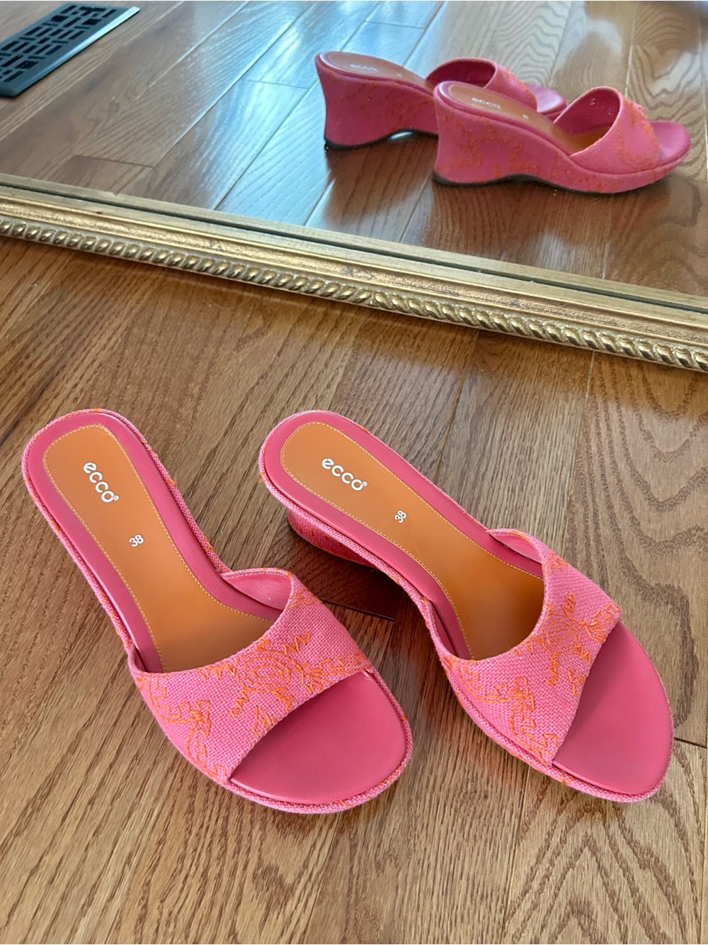 Ecco Pink Embroidered Wedge Slide Sandals